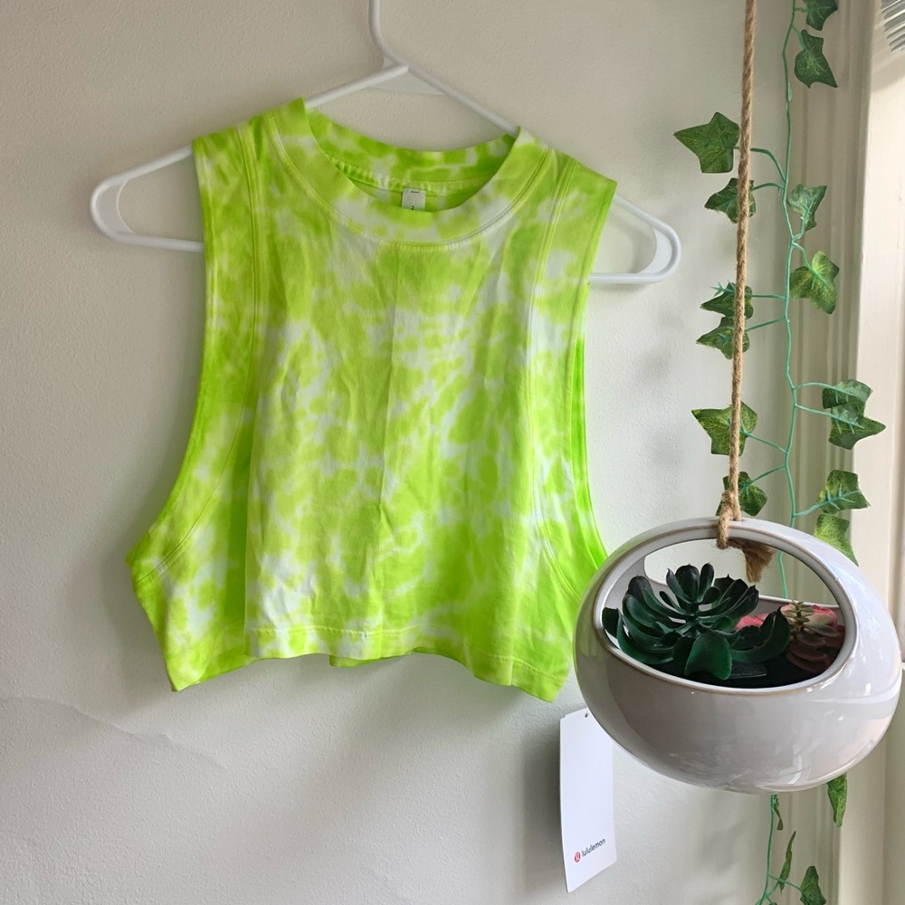 cropped tie dye, neon green and white tank top
